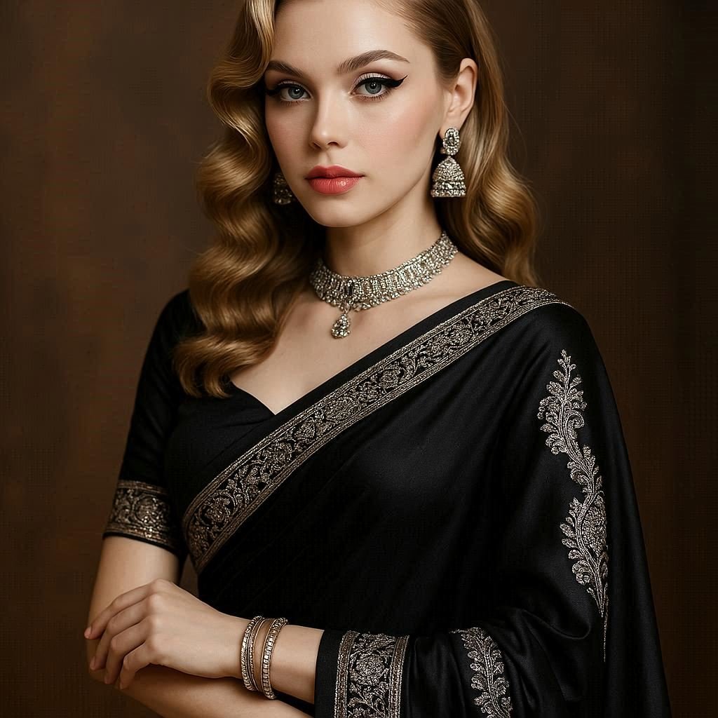 A Beautiful Glamorous Russian Girl Wearing A Luxurious Black Sari Image Prompt