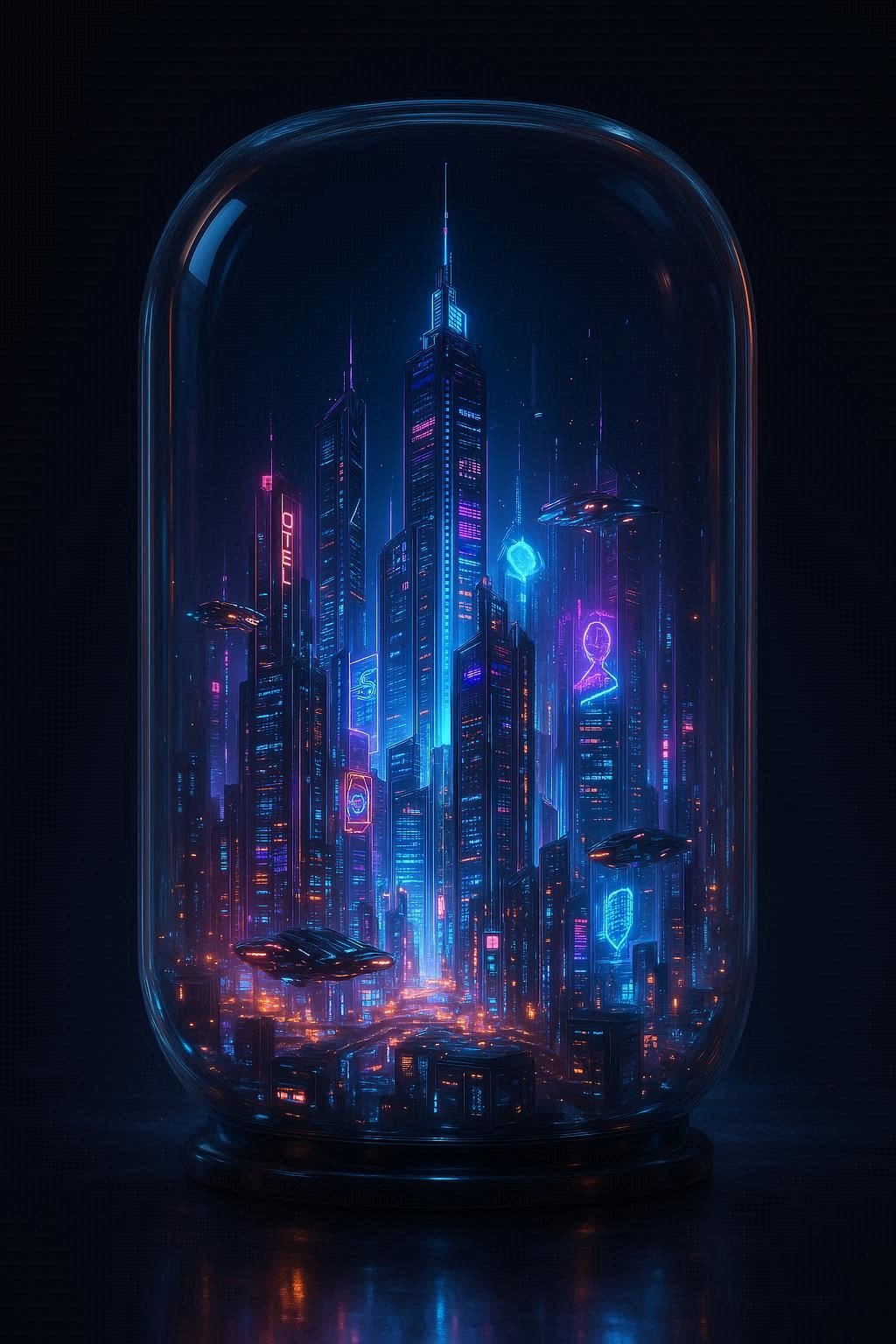 A Futuristic Glass Capsule Containing A Glowing Cyberpunk Style City With Neon Skyscrapers Flying Cars And Holograms Ima