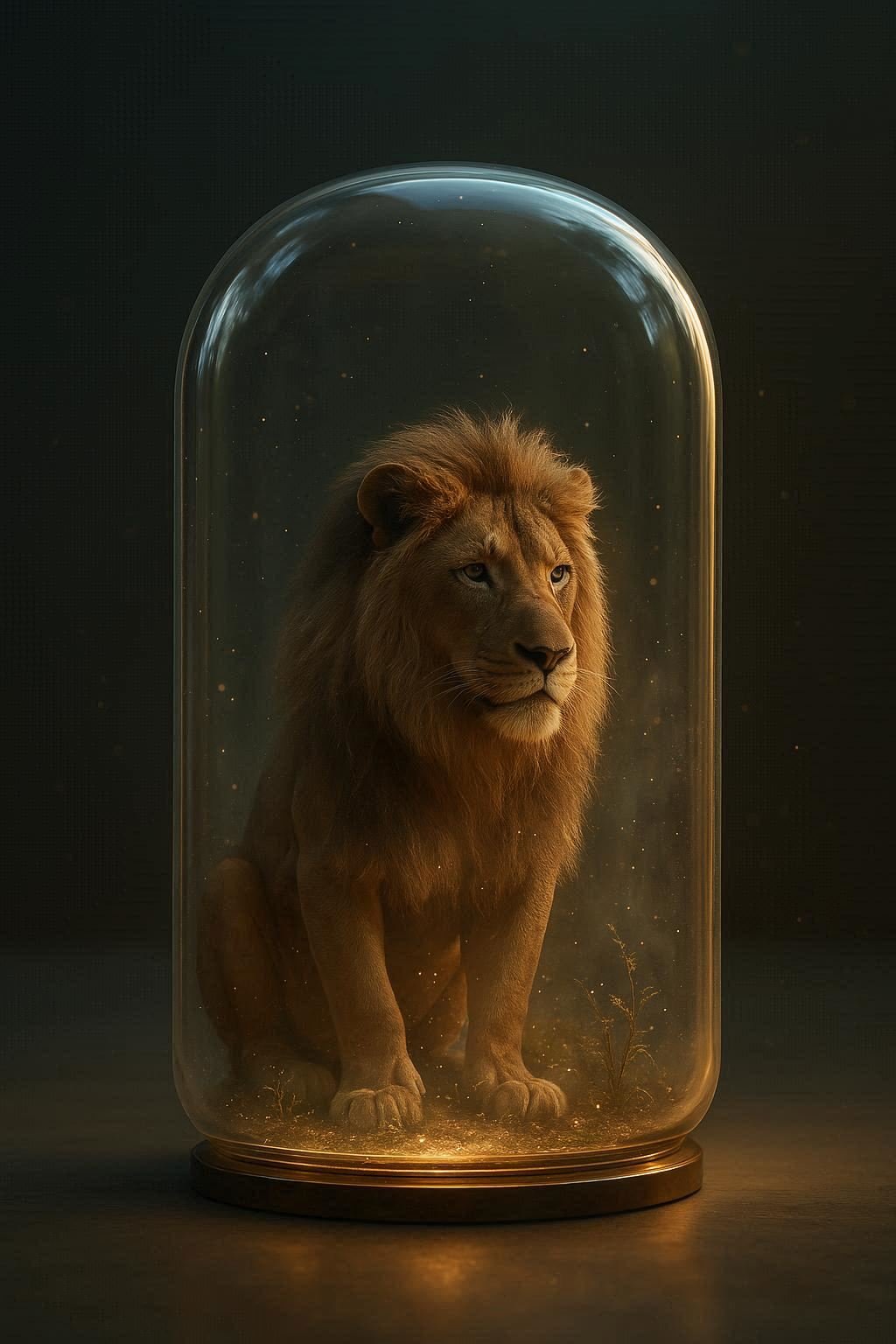 A Highly Realistic 3d Render Of A Transparent Glass Capsule Placed On A Smooth Surface Inside The Capsule A Lion Is Sitt