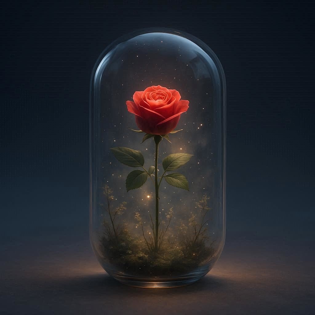 A Highly Realistic 3d Render Of A Transparent Glass Capsule Placed On A Smooth Surface Inside The Capsule A Rose Flower 