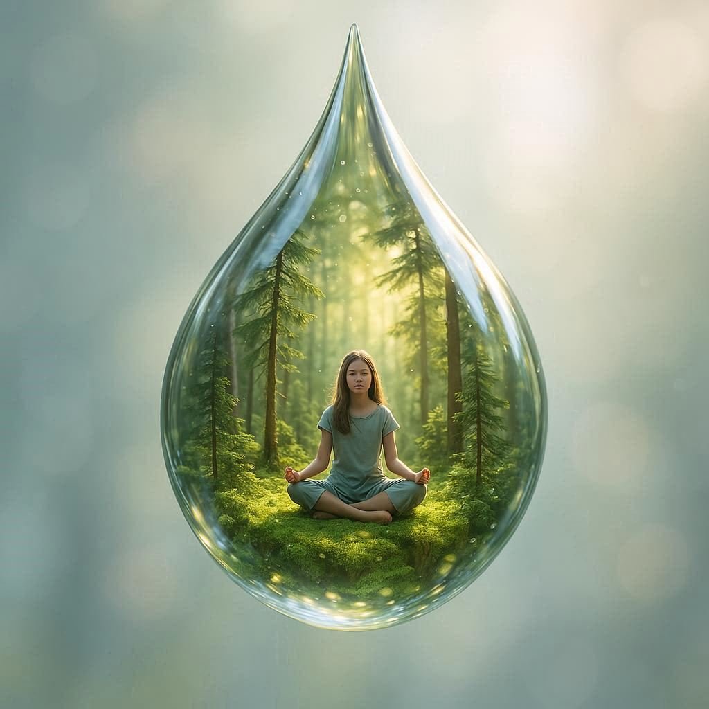 A Hyper Realistic 3d Render Of A Crystal Clear Water Droplet Floating In Mid Air Inside The Droplet A Serene Girl Is Sit