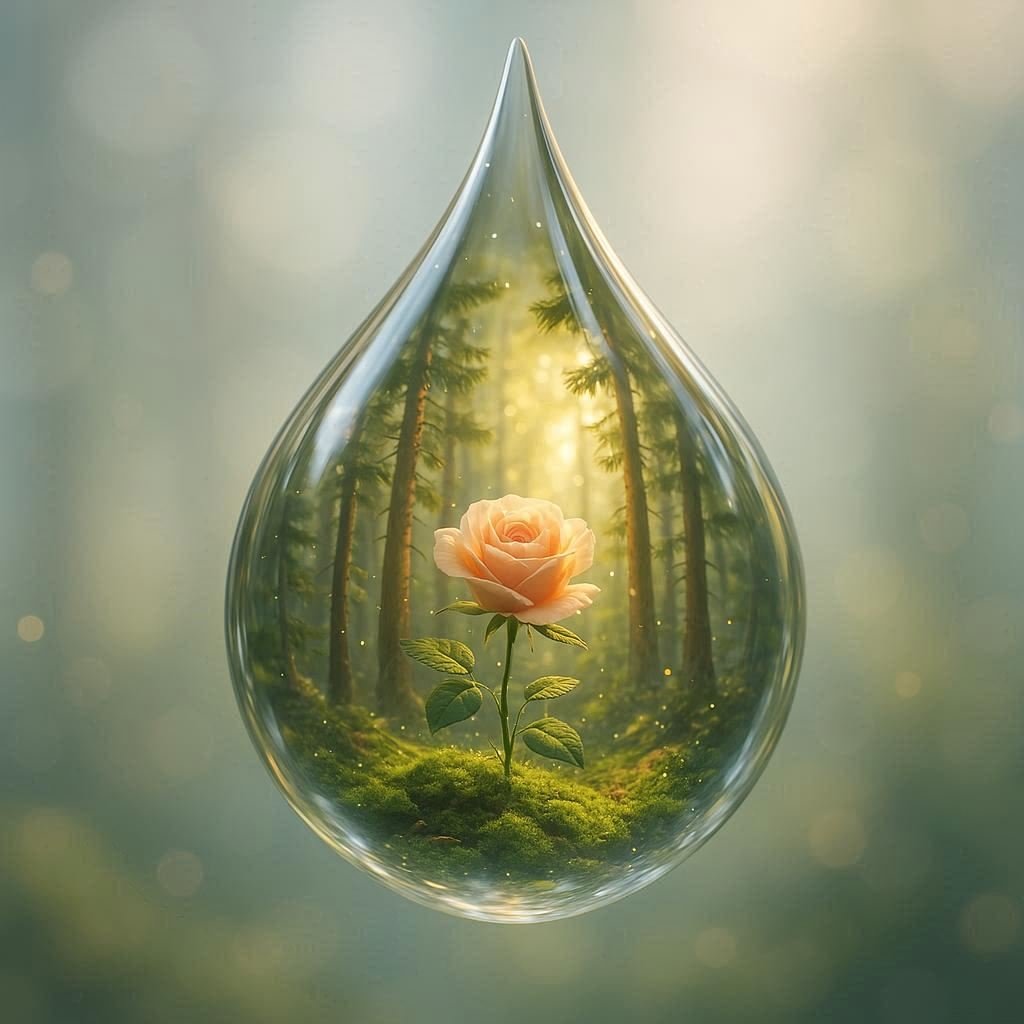 A Hyper Realistic 3d Render Of A Crystal Clear Water Droplet Floating In Mid Air Inside The Droplet A Serene Rose Flower