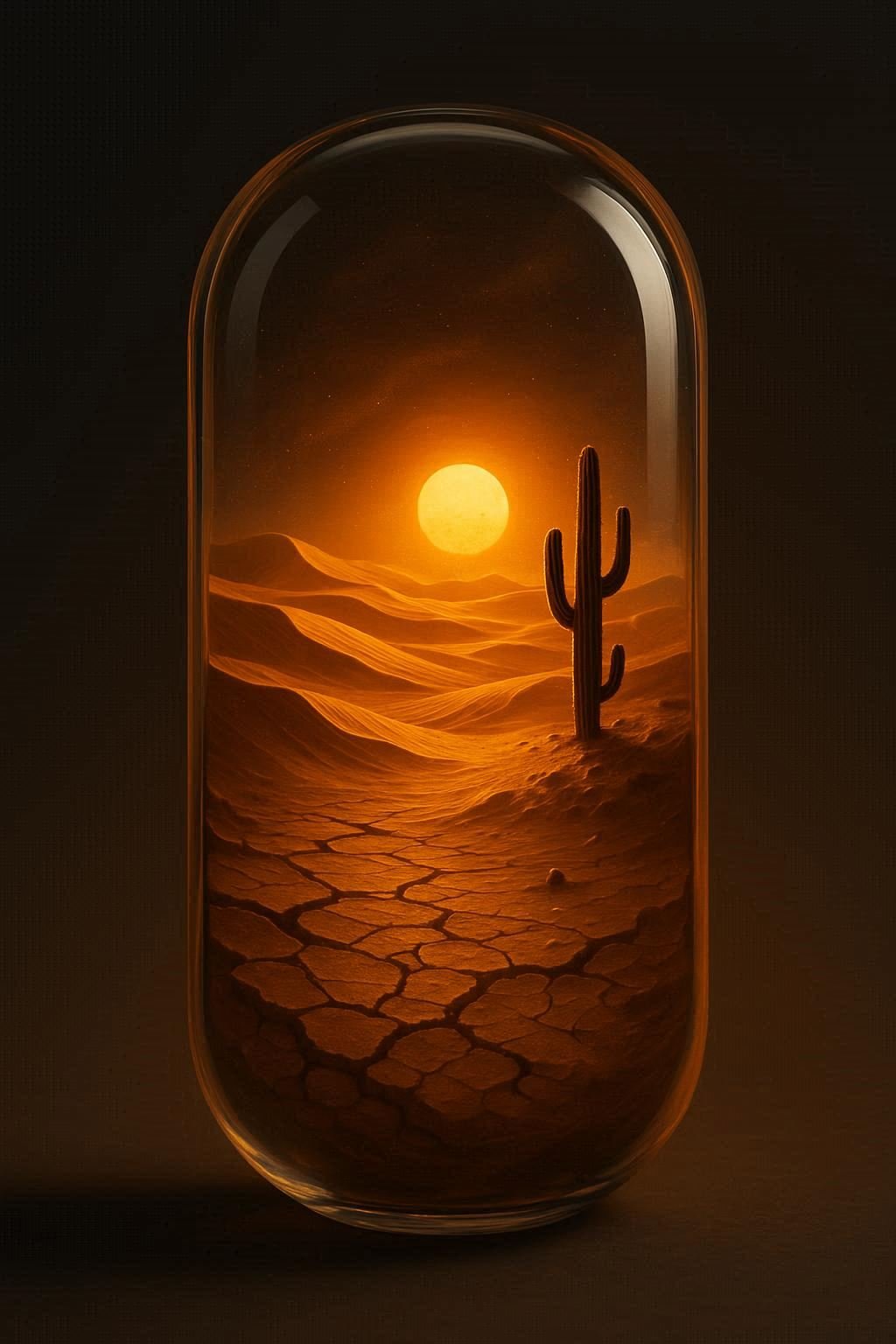 A Sleek Glass Capsule Containing A Desert Landscape With Golden Dunes A Lone Cactus And The Sun Glowing On The Horizon I