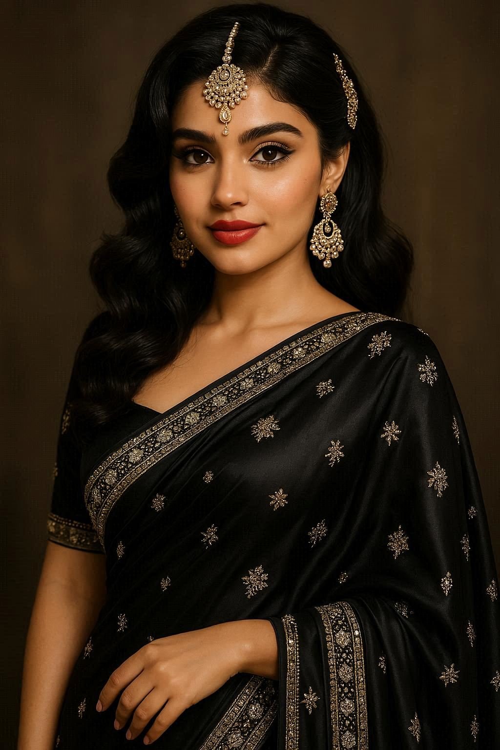 A Stunning Cute And Glamorous Arabic Girl Wearing A Luxurious Black Sari The Sari Is Made Of Soft Silk With Silver And Gold Image Prompt