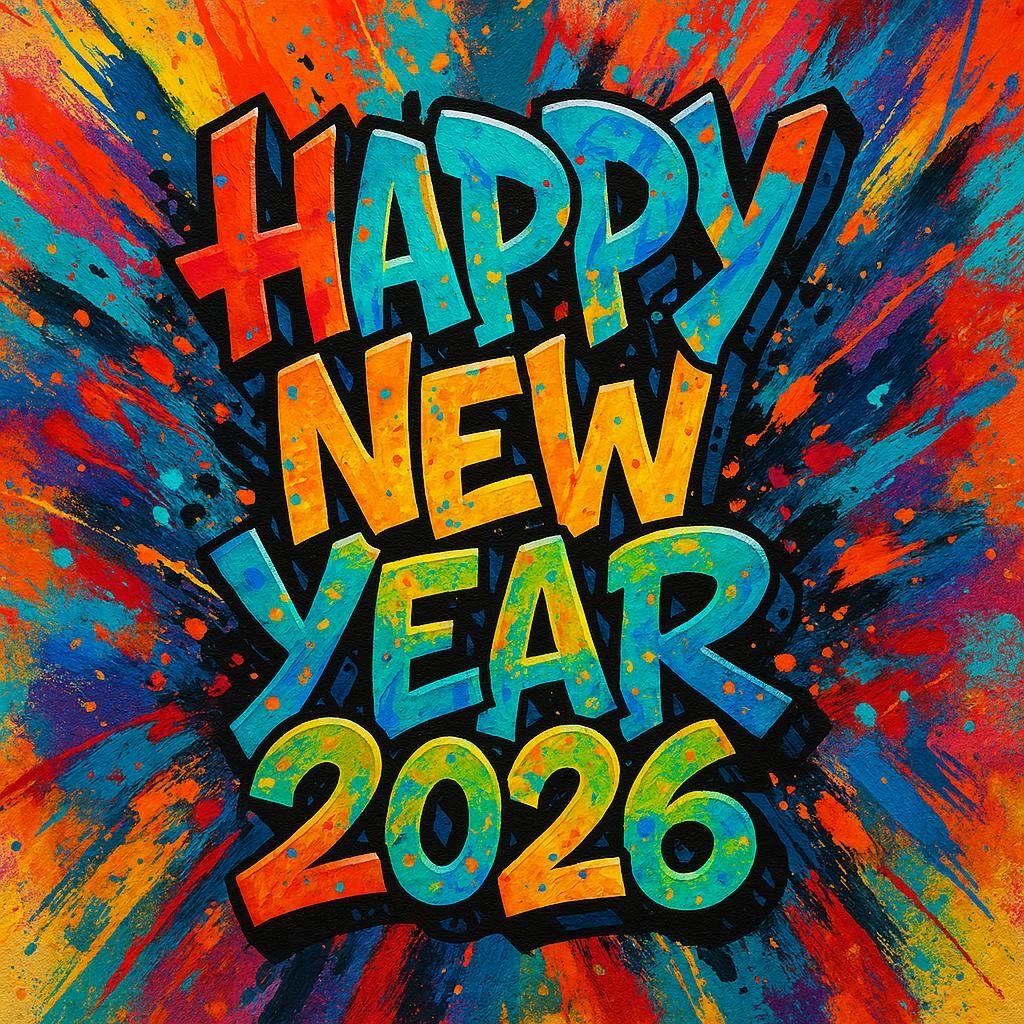 Happy New Year 2026 Abstract 3d Graffiti Text Splattered Paint Strokes Multicolor Artistic Background Image Prompt