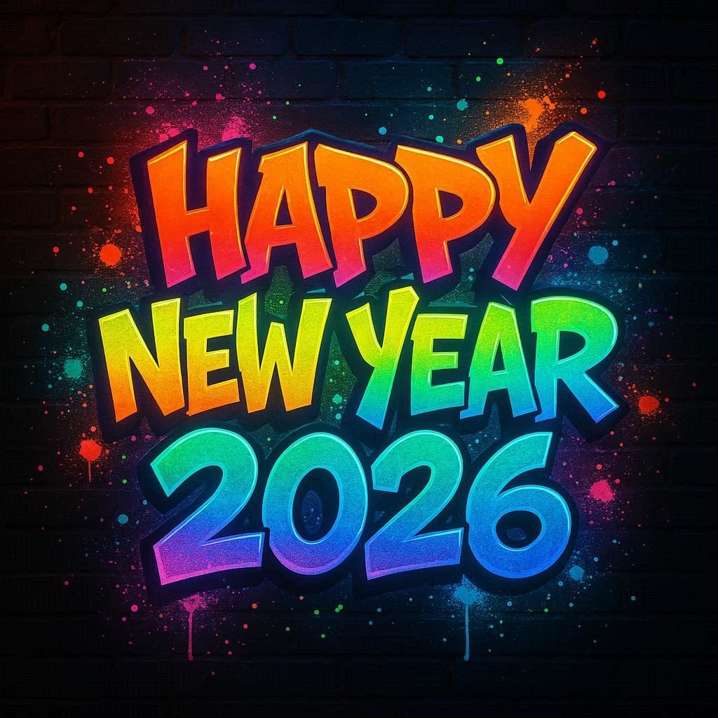 Happy New Year 2026 Bold 3d Graffiti Text Neon Glow Dark Brick Wall Background Image Prompt
