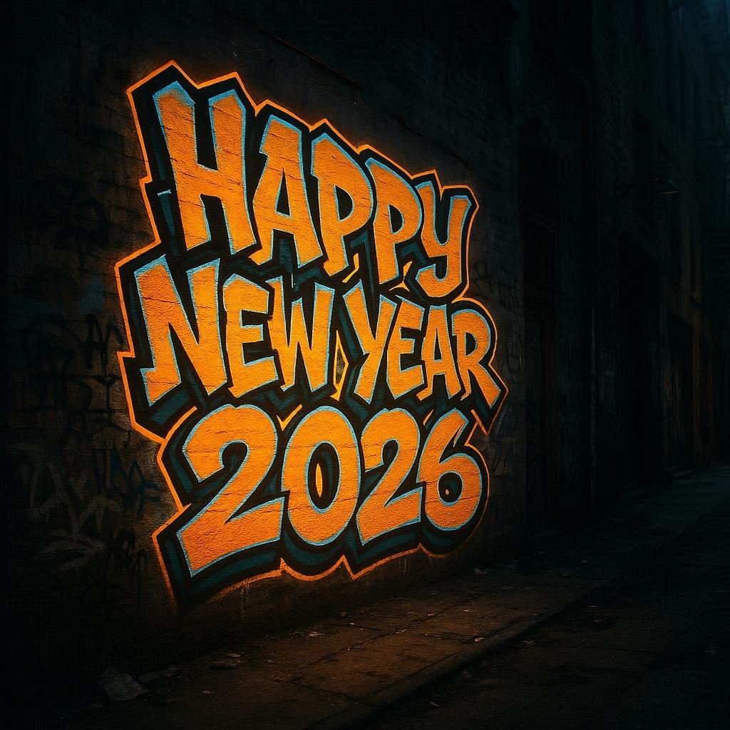 Happy New Year 2026 Bold 3d Graffiti Text With Glowing Edges Abandoned Street Alley Background Image Prompt