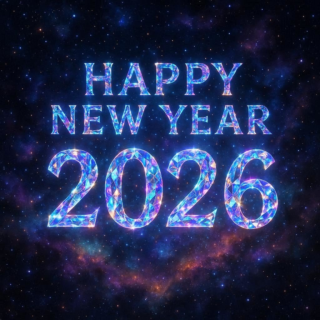 Happy New Year 2026 Cosmic Diamond Text Glowing In Outer Space Galaxy Stars And Nebula Background Image Prompt