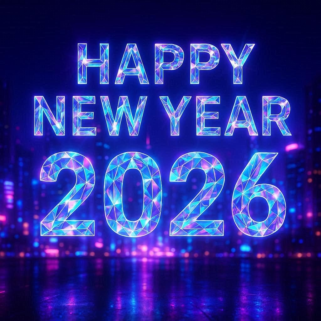 Happy New Year 2026 Diamond Cut Glowing Text Neon Purple And Blue Background Image Prompt