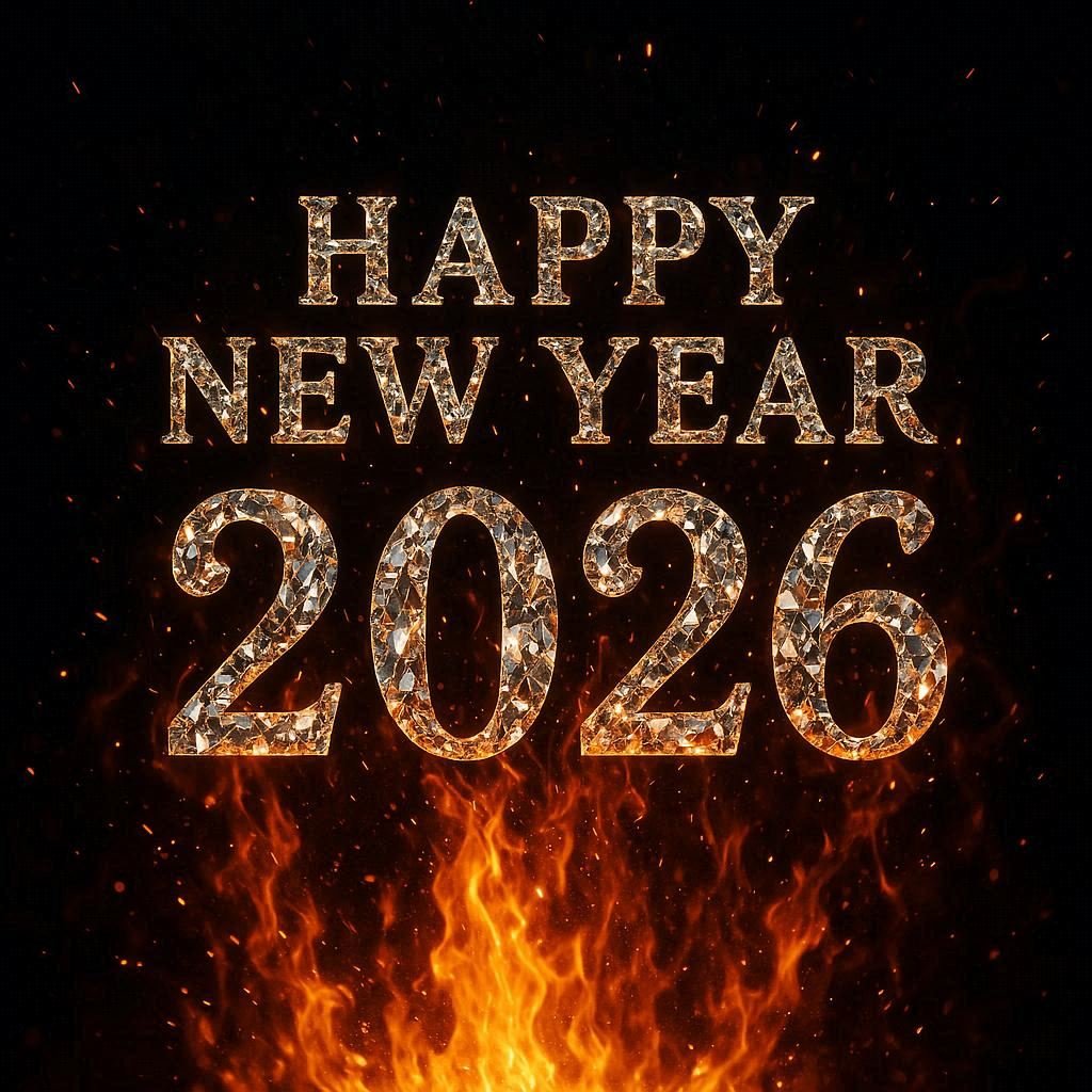 Happy New Year 2026 Diamond Text Infused With Glowing Fire Sparks Black Background With Flames And Glowing Embers Image 