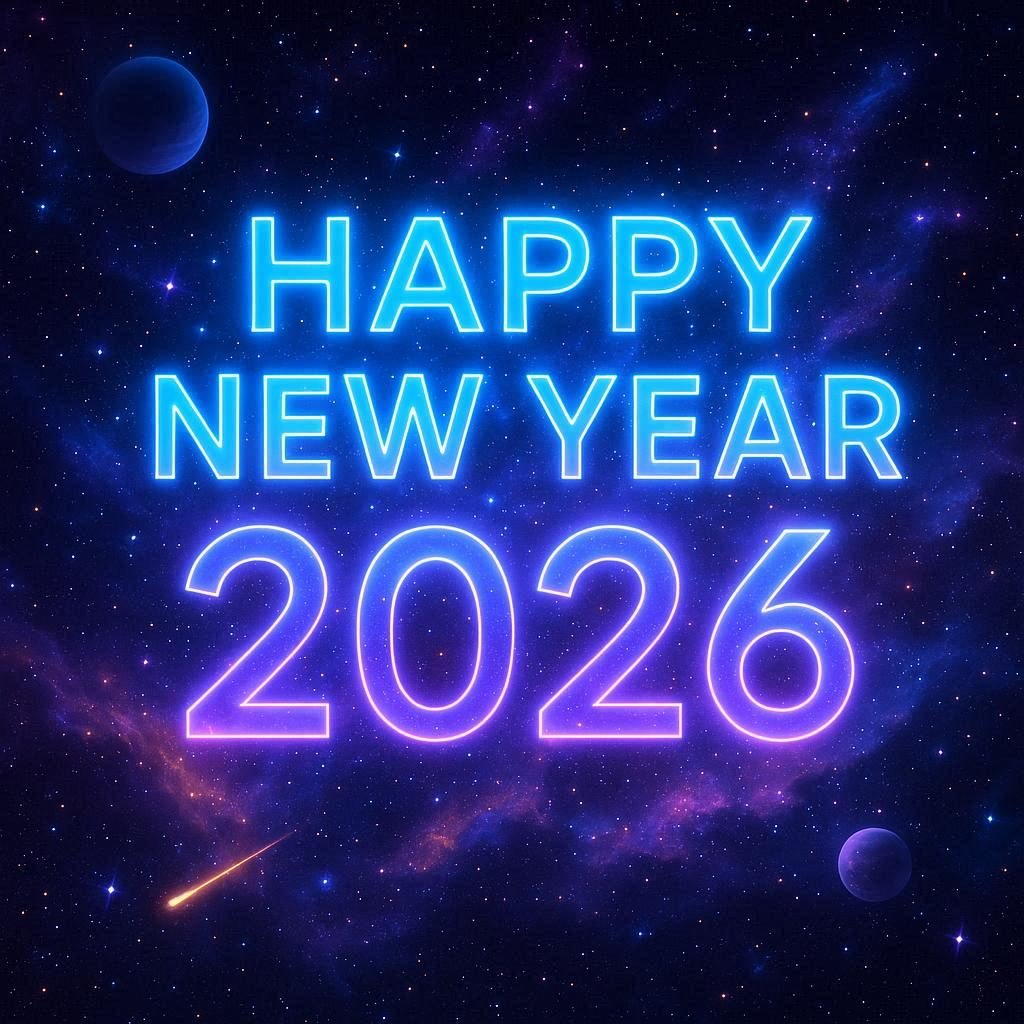Happy New Year 2026 Glowing Cosmic Text Galaxy Background With Stars Planets Nebula Image Prompt