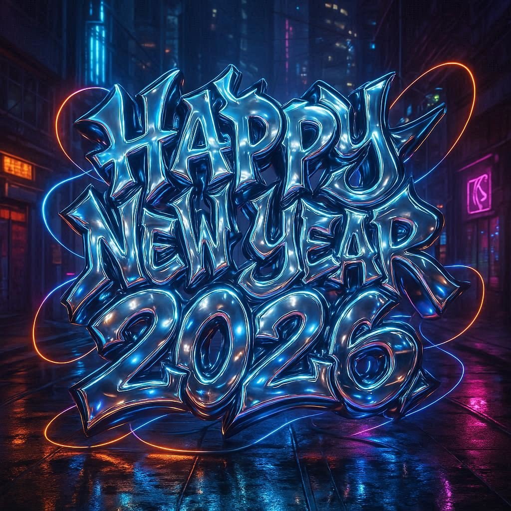 Happy New Year 2026 Shiny Chrome 3d Graffiti Text Metallic Textures Cyberpunk City Background Image Prompt