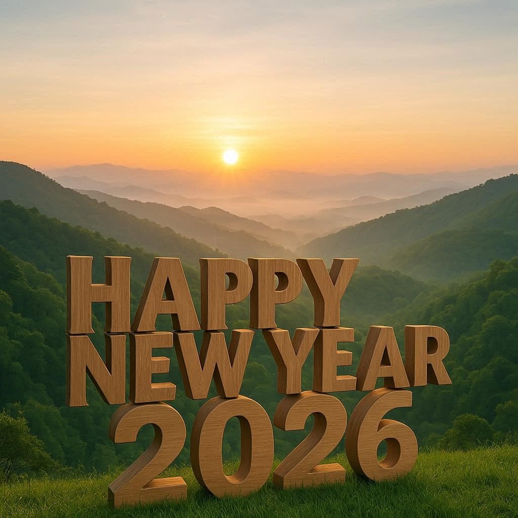Happy New Year 2026 Wooden Carved Text Background With Sunrise Over Green Mountains Fresh Morning Vibes Soft Mist Natura