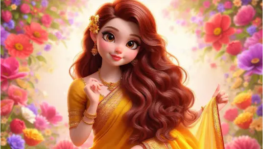 3D-Disney-Style-Cartoon-Effect-Cute-Girl-in-Indian-Saree-With-Flower-Background-1