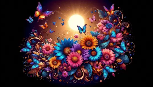 A-Vibrant-And-Artistic-Design-Featuring-An-Array-Of-Multicolored-Flowers-Including-Blue-Daisies-Orange-Sunflowers-And-Pink-Blooms-Dark-Background-1