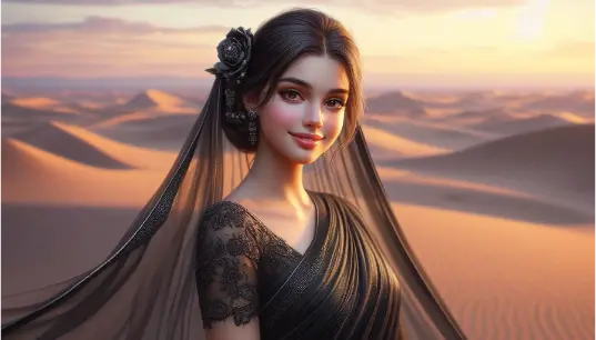 Cute-Arabian-Girl-In-Black-Saree-Outfit-Desert-Background-Illustration-1