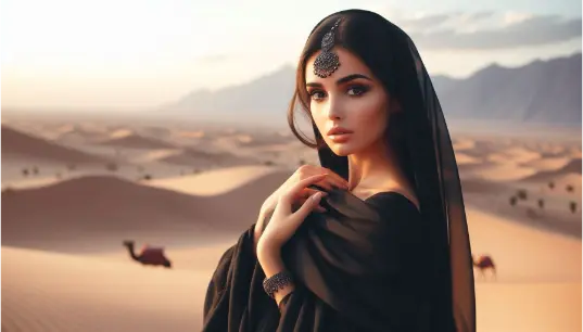 Cute-Arabian-Girl-in-Black-Saree-With-Desert-Background-1