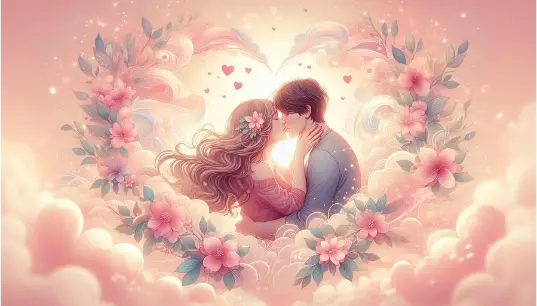 Cute-Couple-With-Heart-Pink-Flower-Background-1