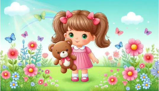 Cute-Girl-With-Teddy-Bear-Illustration-Flower-Background