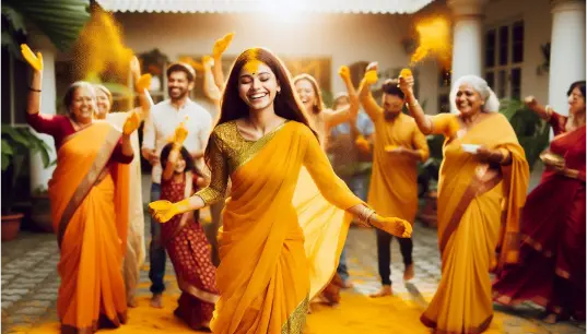 Cute-Girl-Yellow-Saree-in-Haldi-Program-With-Family