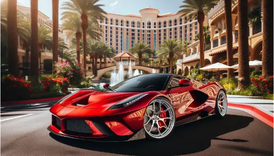 Red-Car-in-Building-Background