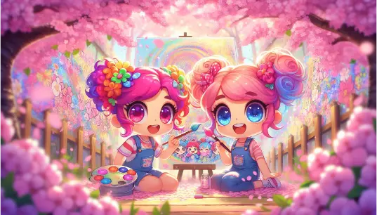 Two-Cute-Girl-Painting-With-Pink-Jungle-Background-1
